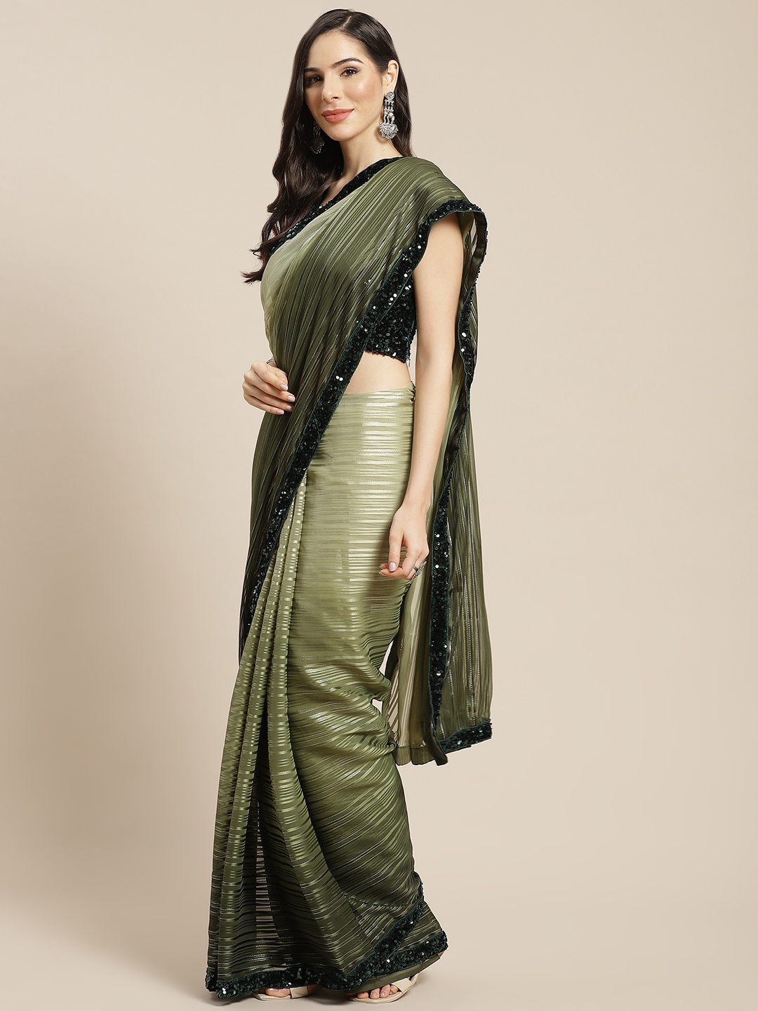 

Mitera Green Striped Ombre Dyed Brasso Saree with Stitched Blouse