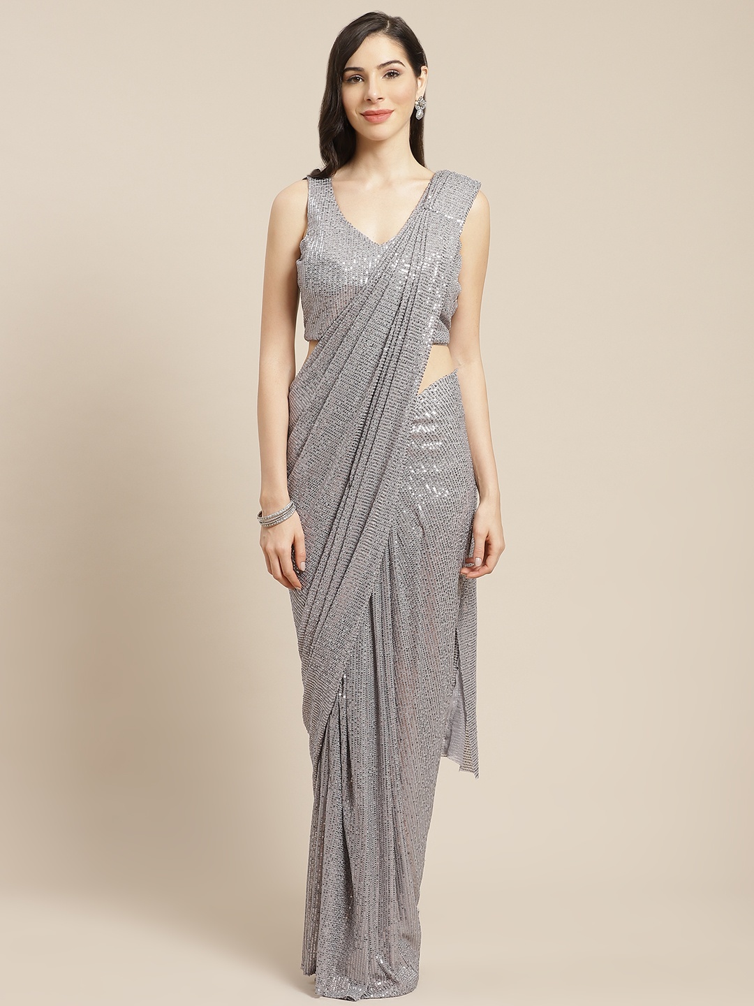 

Mitera Grey Sequinned Ready to Wear Saree