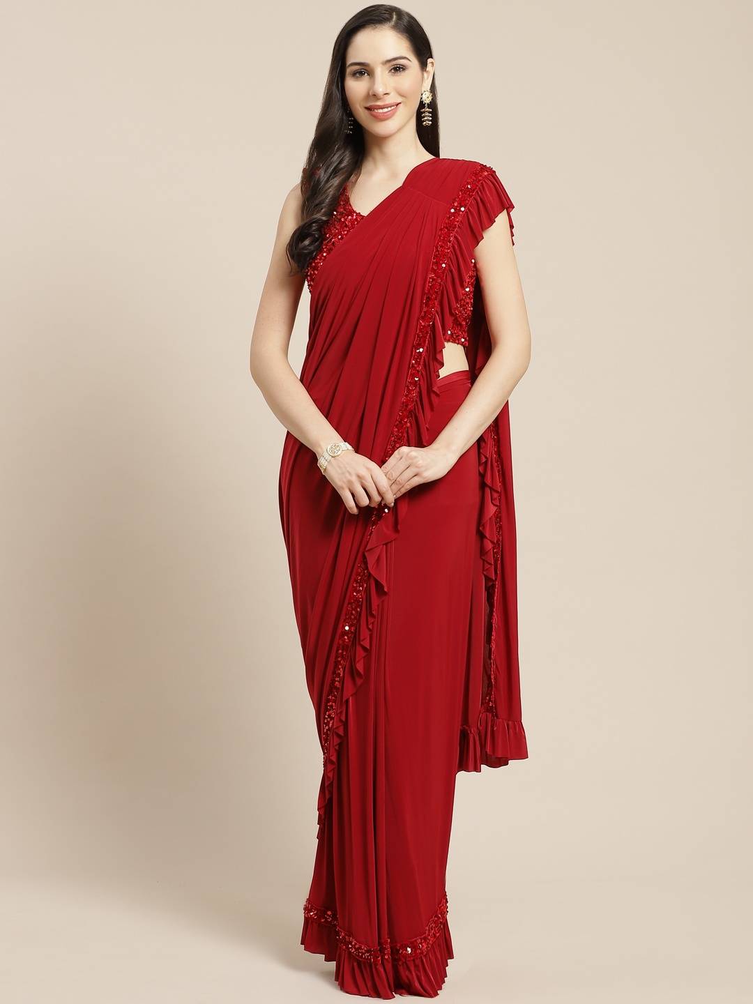 

Mitera Maroon Sequinned Ruffled Ready to Wear Saree