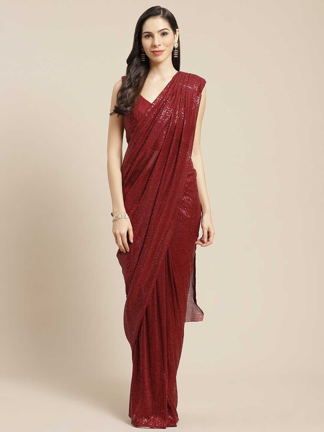 

Mitera Maroon Sequinned Ready To Wear Saree
