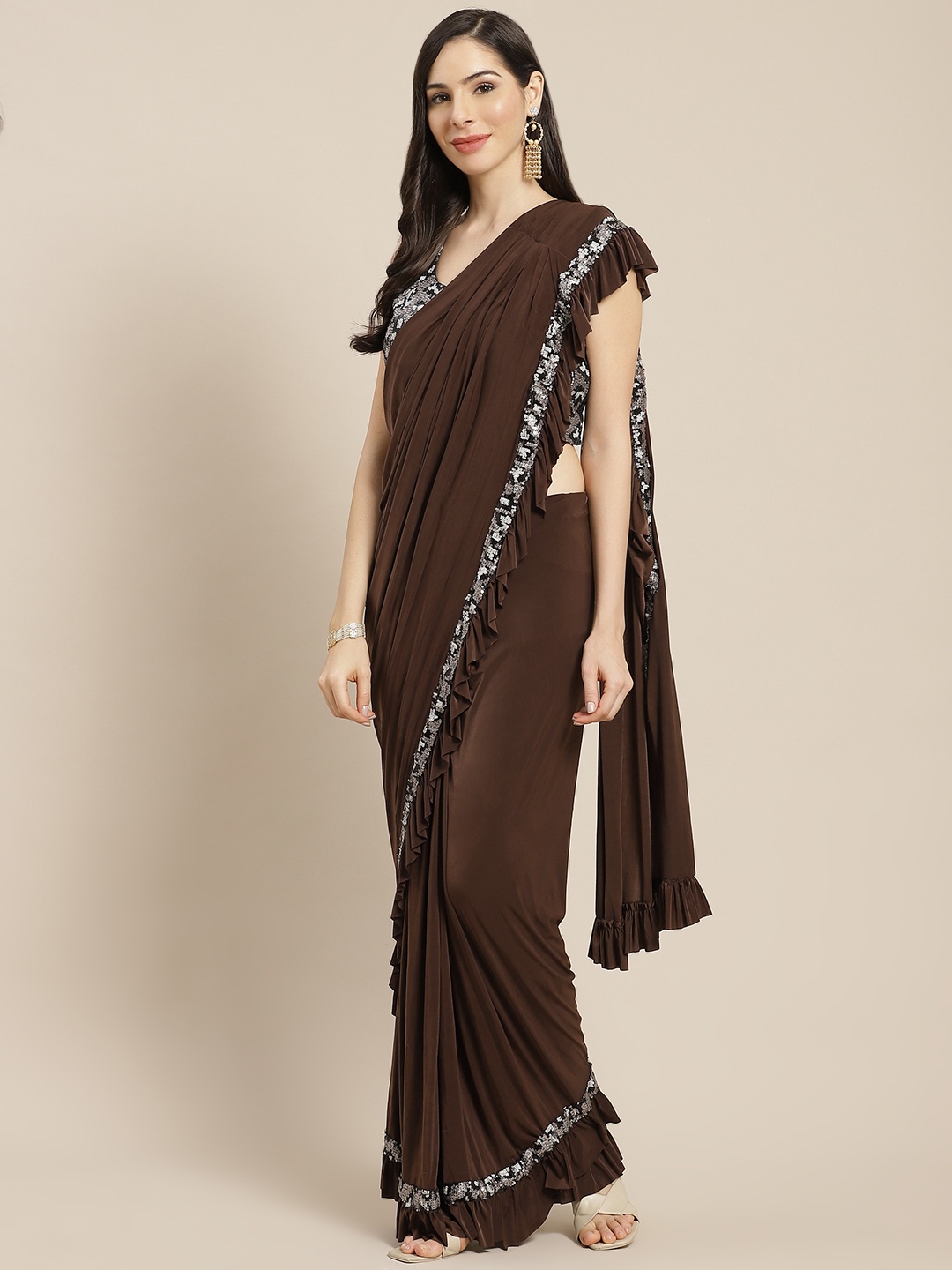 

Mitera Brown Sequinned Ready to Wear Saree