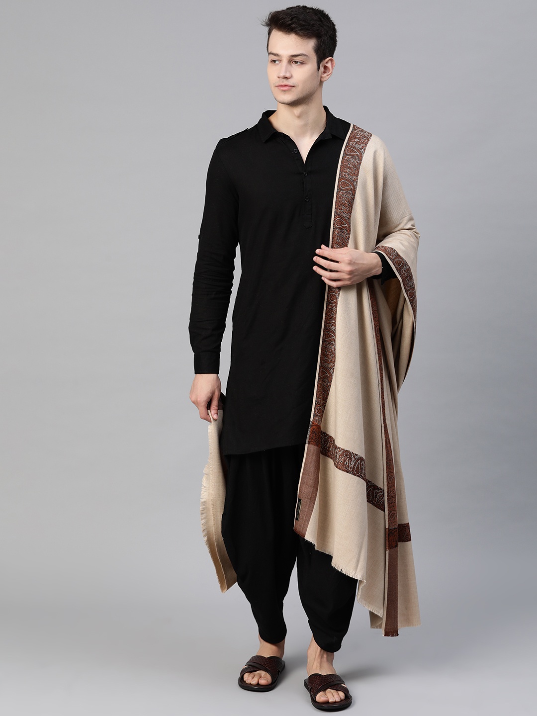 

WEAVERS VILLA Men Beige Woven Design Shawl