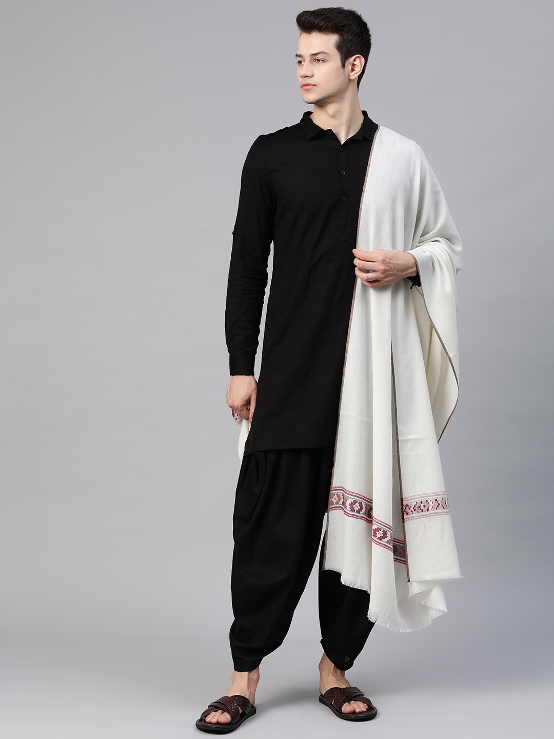 

WEAVERS VILLA Men White Woven Design Woollen Shawl
