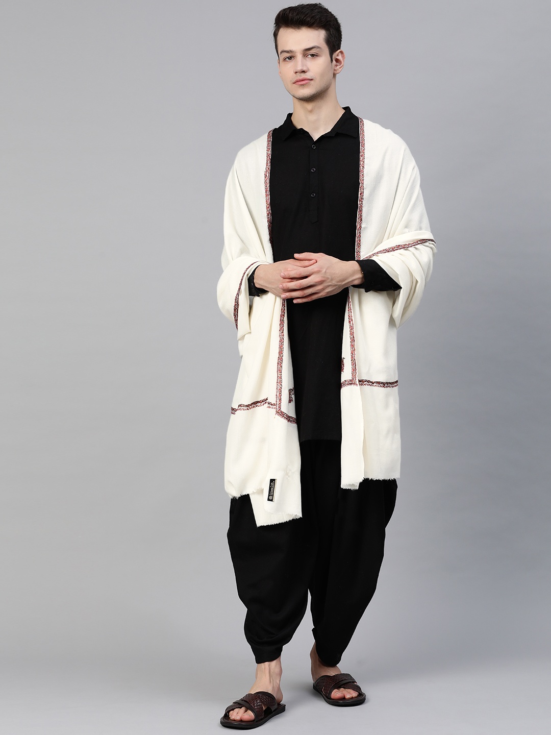 

WEAVERS VILLA Men Off-White Embroidered Woollen Shawl