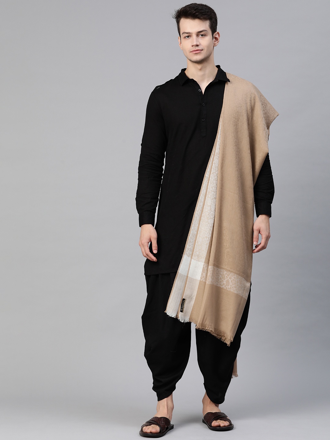 

WEAVERS VILLA Men Beige Woven Design Pure Wool Shawl