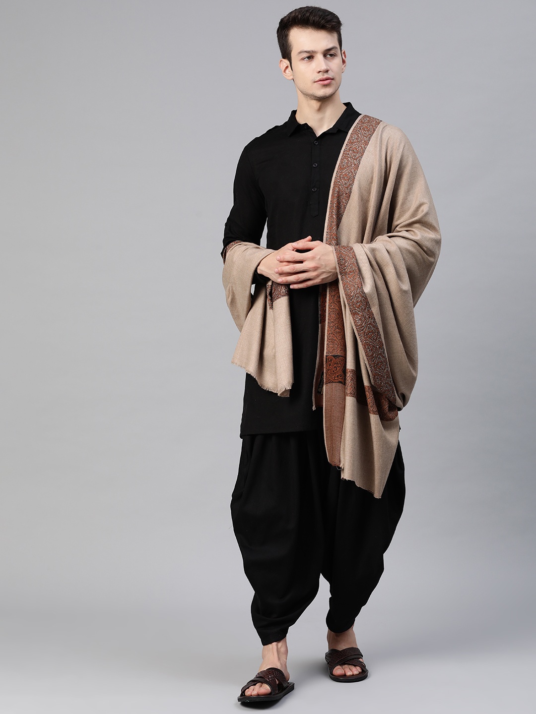 

WEAVERS VILLA Men Brown Woven Design Embroidered Shawl