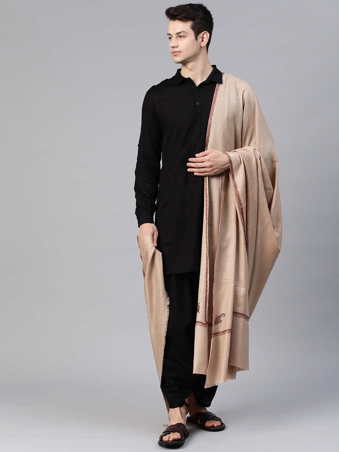 

WEAVERS VILLA Men Brown Embroidered Woollen Shawl