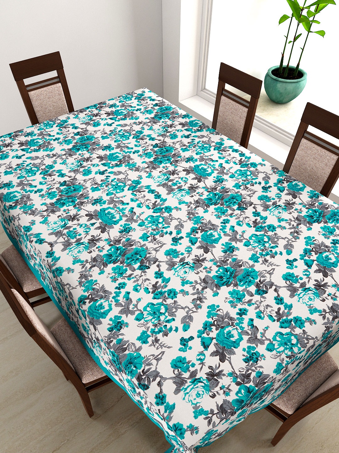 

SWAYAM Teal Green Floral Print Rectangular 90" x 60" Cotton Table Cover