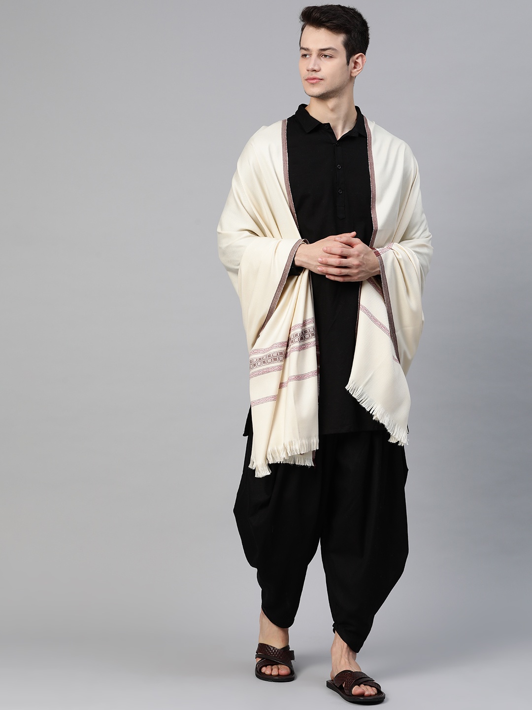 

WEAVERS VILLA Men Cream-Colored Woven Design Shawl