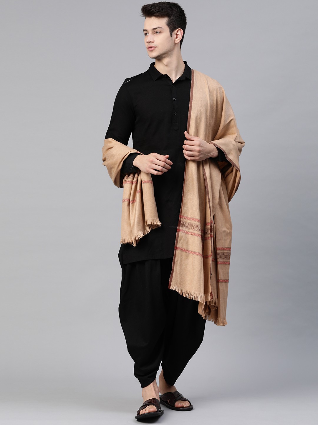 

WEAVERS VILLA Men Beige & Red Woven Design Detail Shawl
