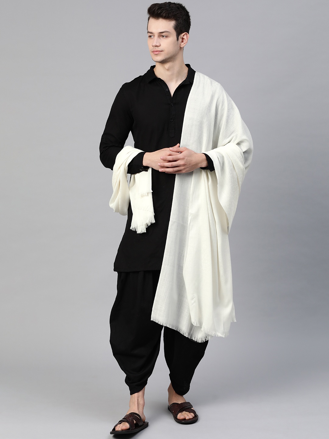

WEAVERS VILLA Men White Solid Pure Wool Shawl