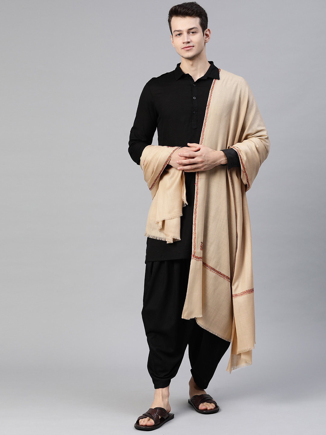 

WEAVERS VILLA Men Beige Pure Wool Hand Embroidered Shawl