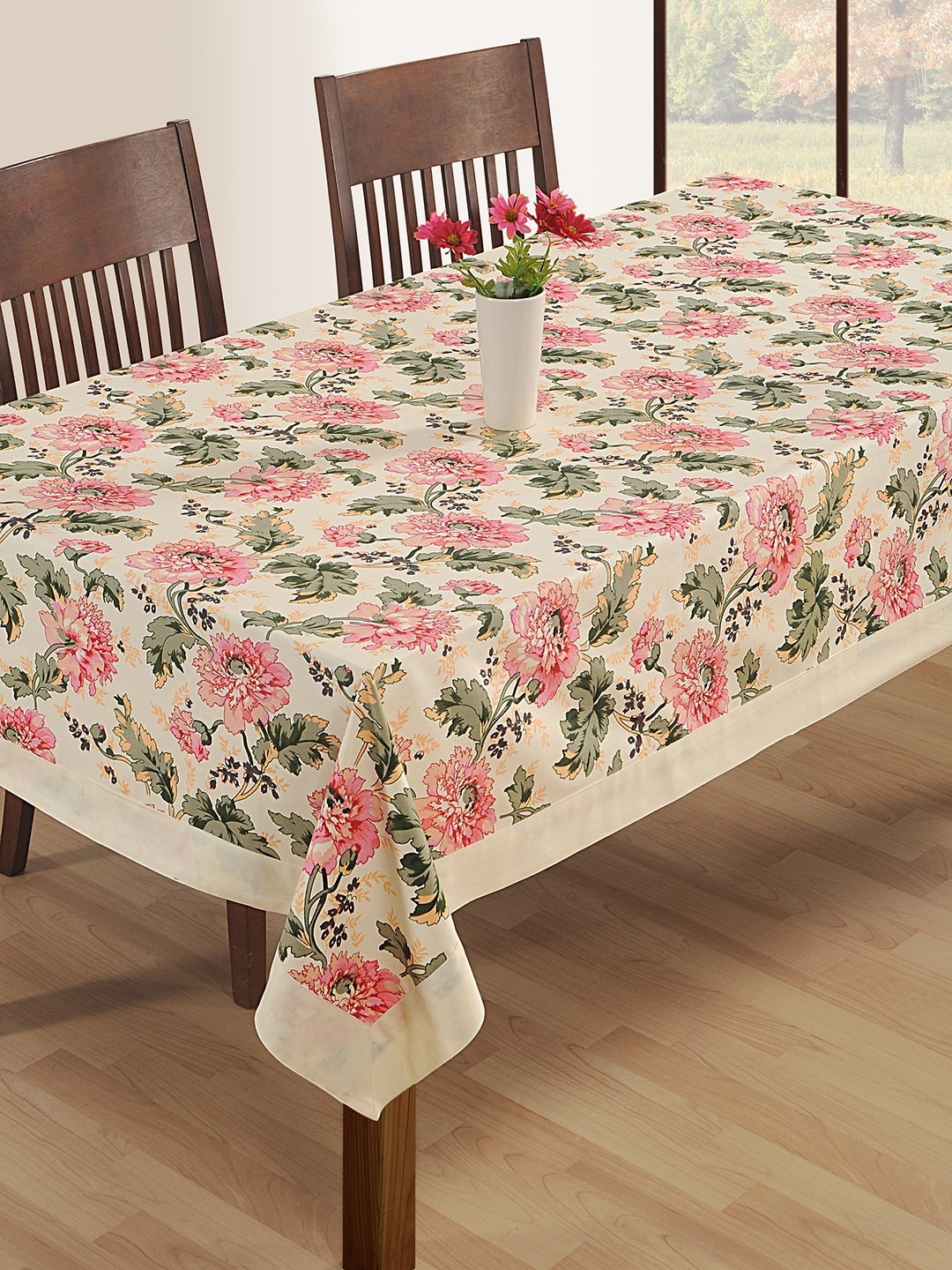 

SWAYAM Off-White Floral Print Rectangular 60" x 90" Cotton Table Cover