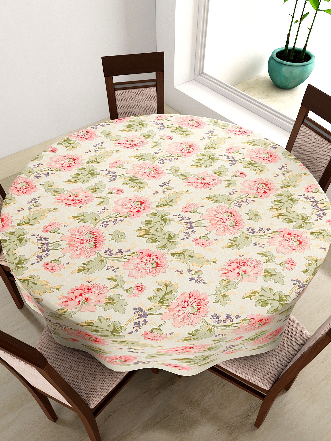 

SWAYAM Cream-Coloured & Pink Floral Print Round 72" Cotton Table Cloth