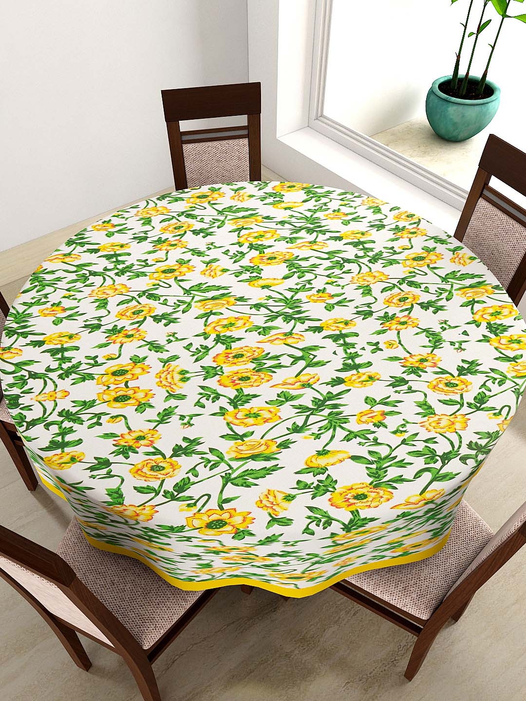 

SWAYAM White & Yellow Floral Print Round 72" Cotton Table Cloth