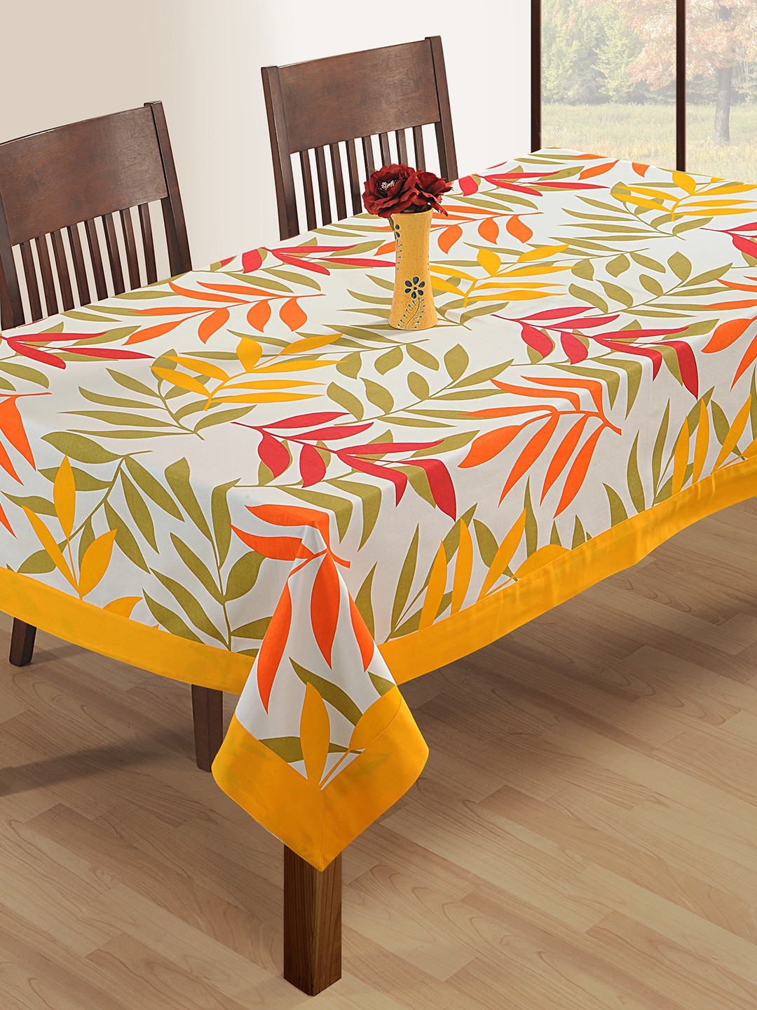 

SWAYAM White & Red Leaf Print Rectangular 90" x 60" Cotton Table Cover