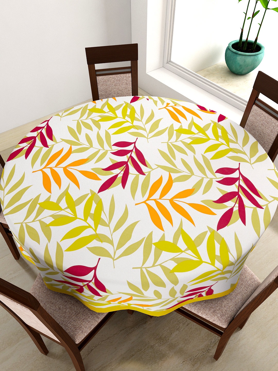 

SWAYAM White Round Leaf Print 72" Cotton Table Cloth