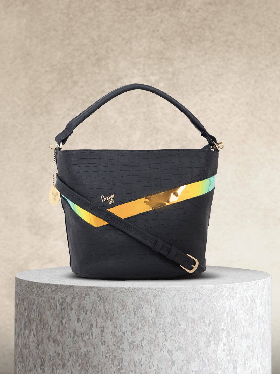 

Baggit Navy Blue Croc Textured NORTHAM TRAM 5 Structured Hobo Bag