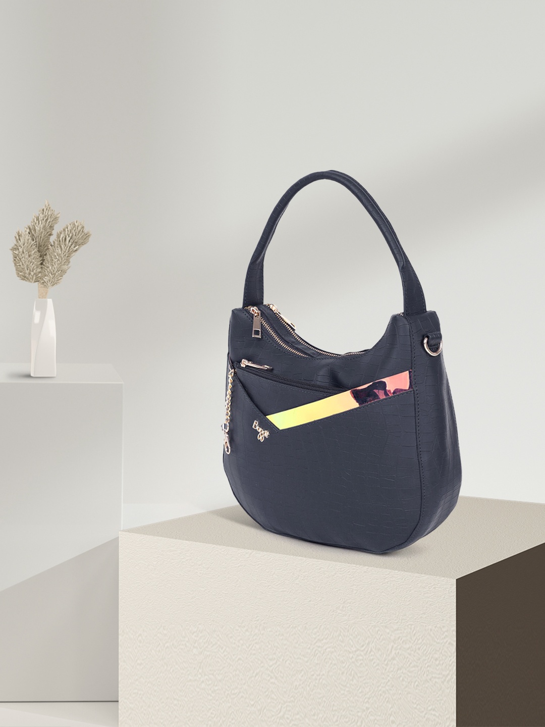 

Baggit Blue Animal Textured Structured Hobo Bag
