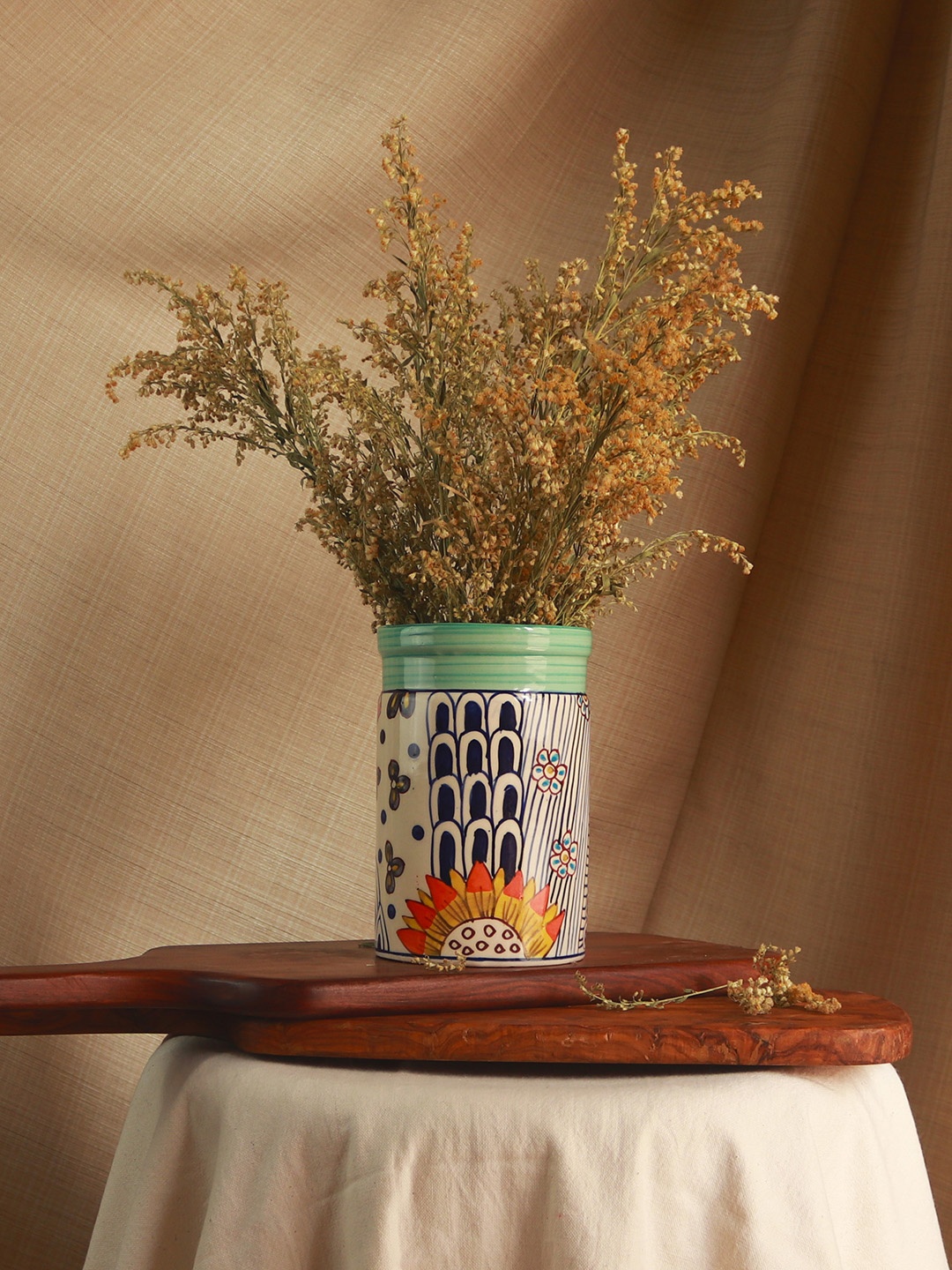 

THOA White & Green Printed Ceramic Flower Vase