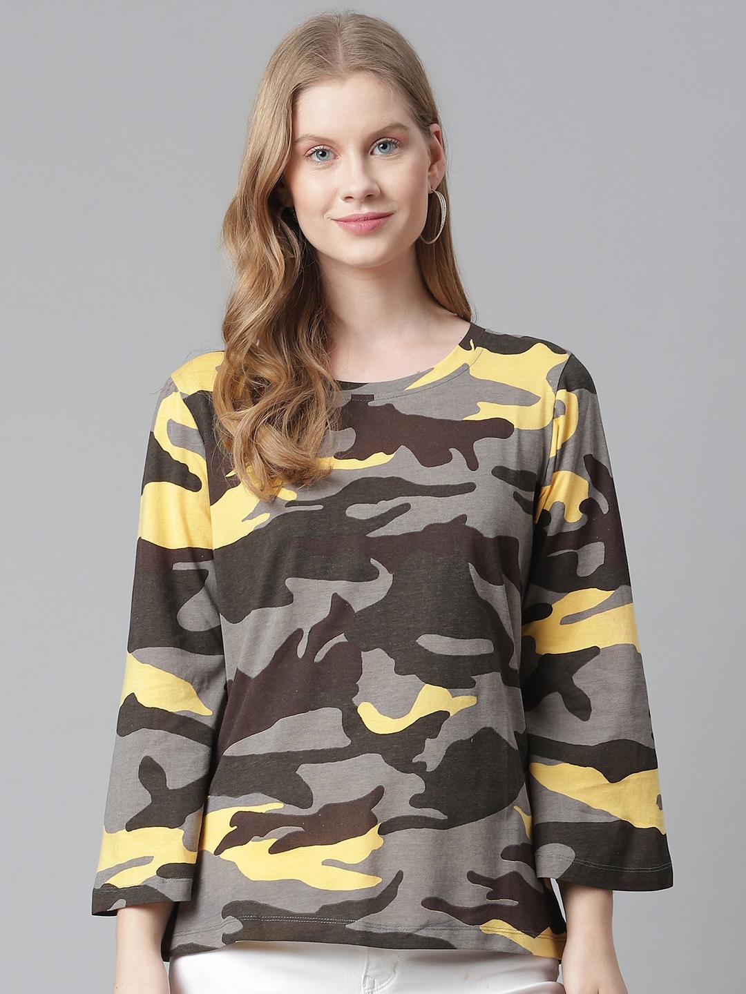 

RIVI Grey & Yellow Camouflage Print Bell Sleeves Regular Top