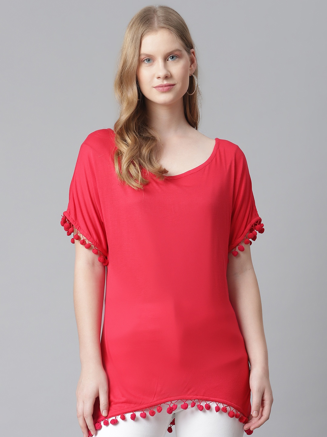 

RIVI Red Solid Pom-Pom Detail Regular Top