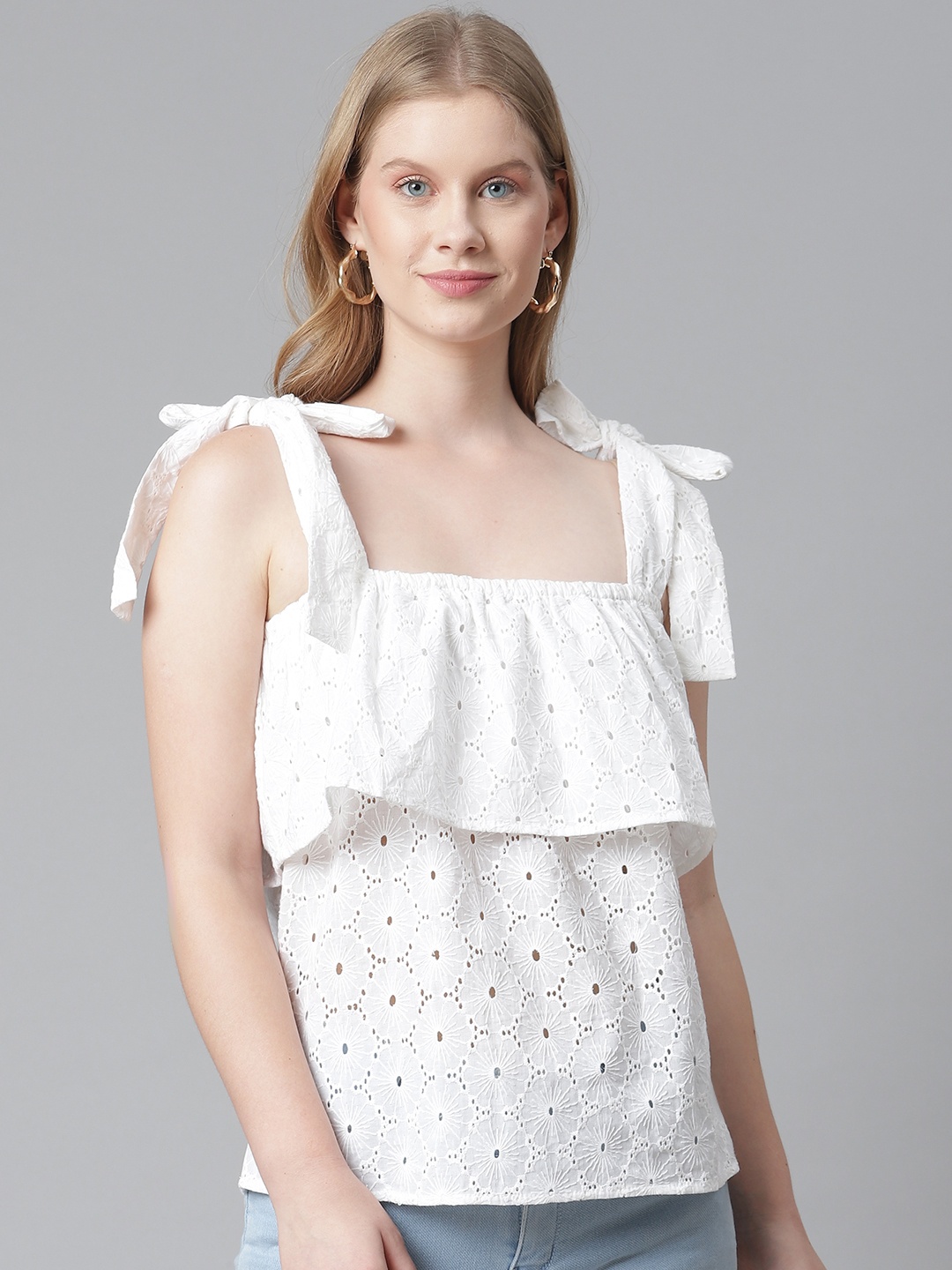 

RIVI White Floral Schiffli Embroidered Layered Regular Top