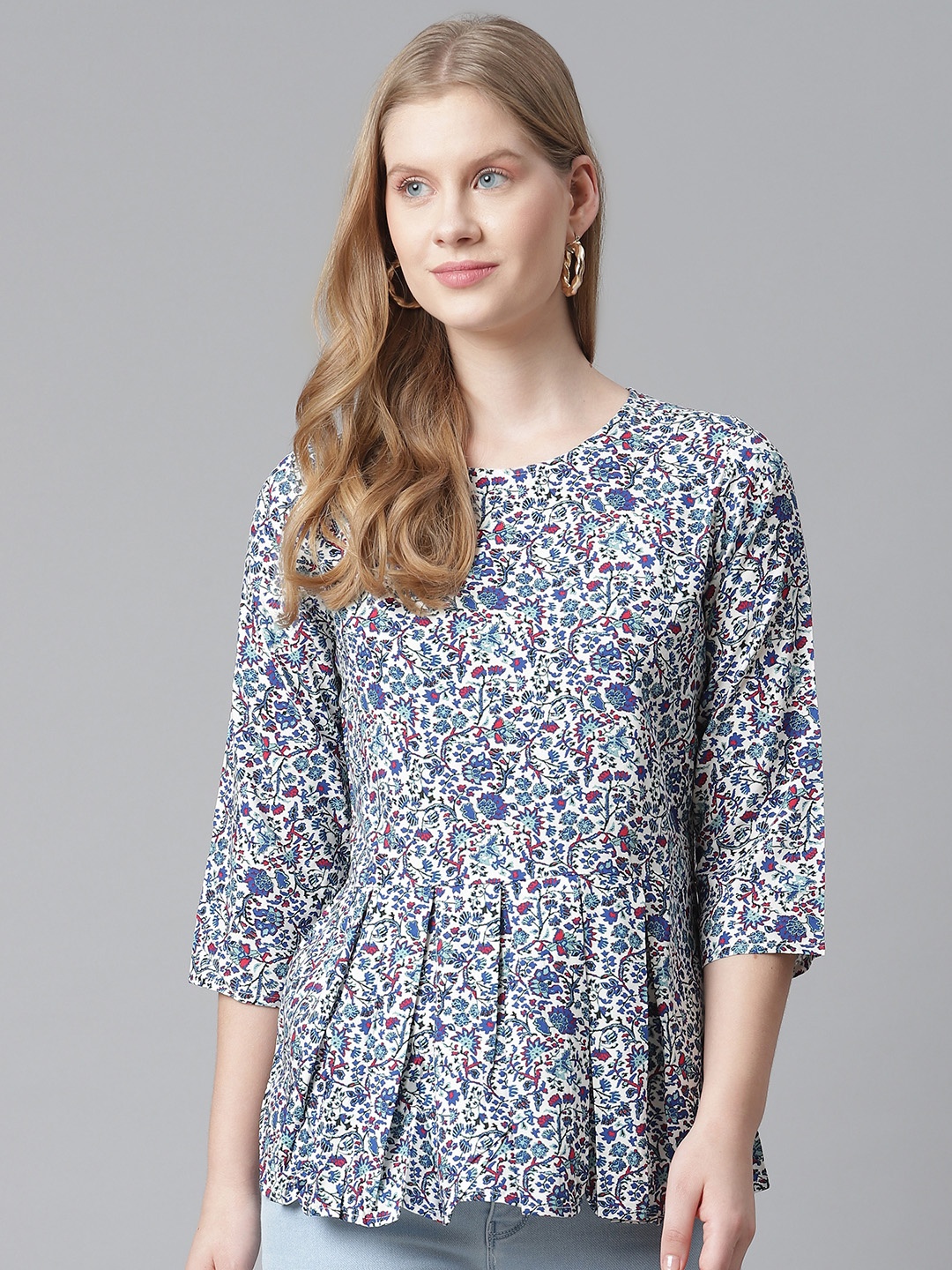 

RIVI White & Blue Floral Print Pure Cotton A-Line Top