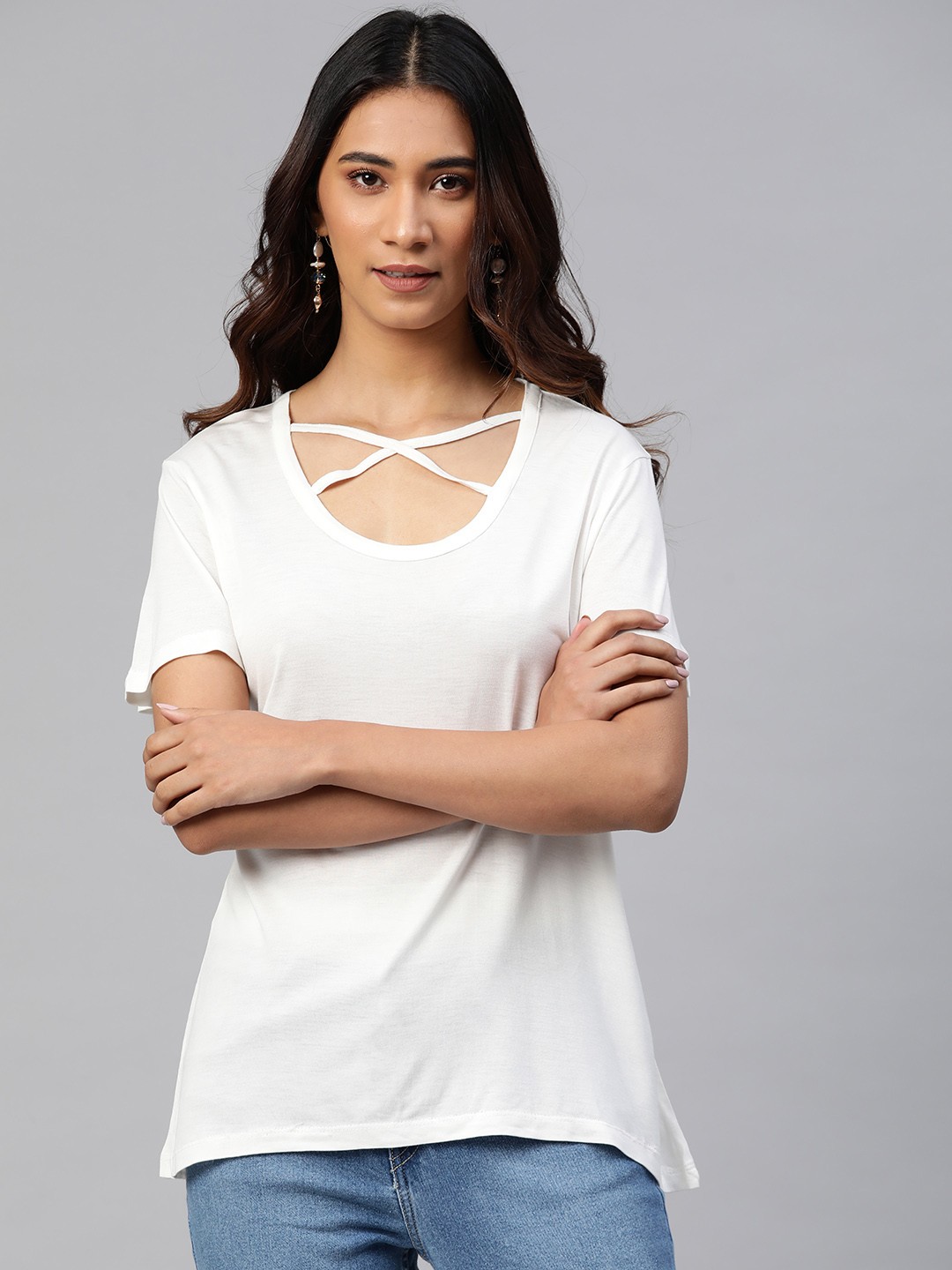 

RIVI Women White Pure Cotton Solid Criss-Cross Regular Top