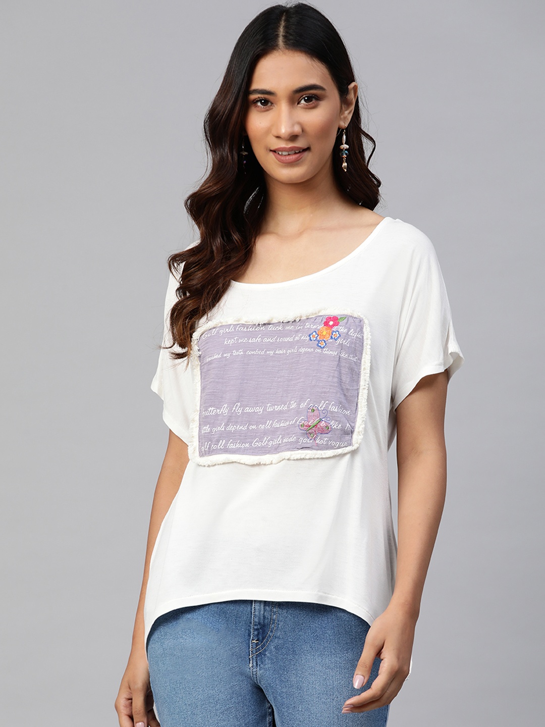 

RIVI White & Lavender Typographic Print High Low Top with Embroidered Detail