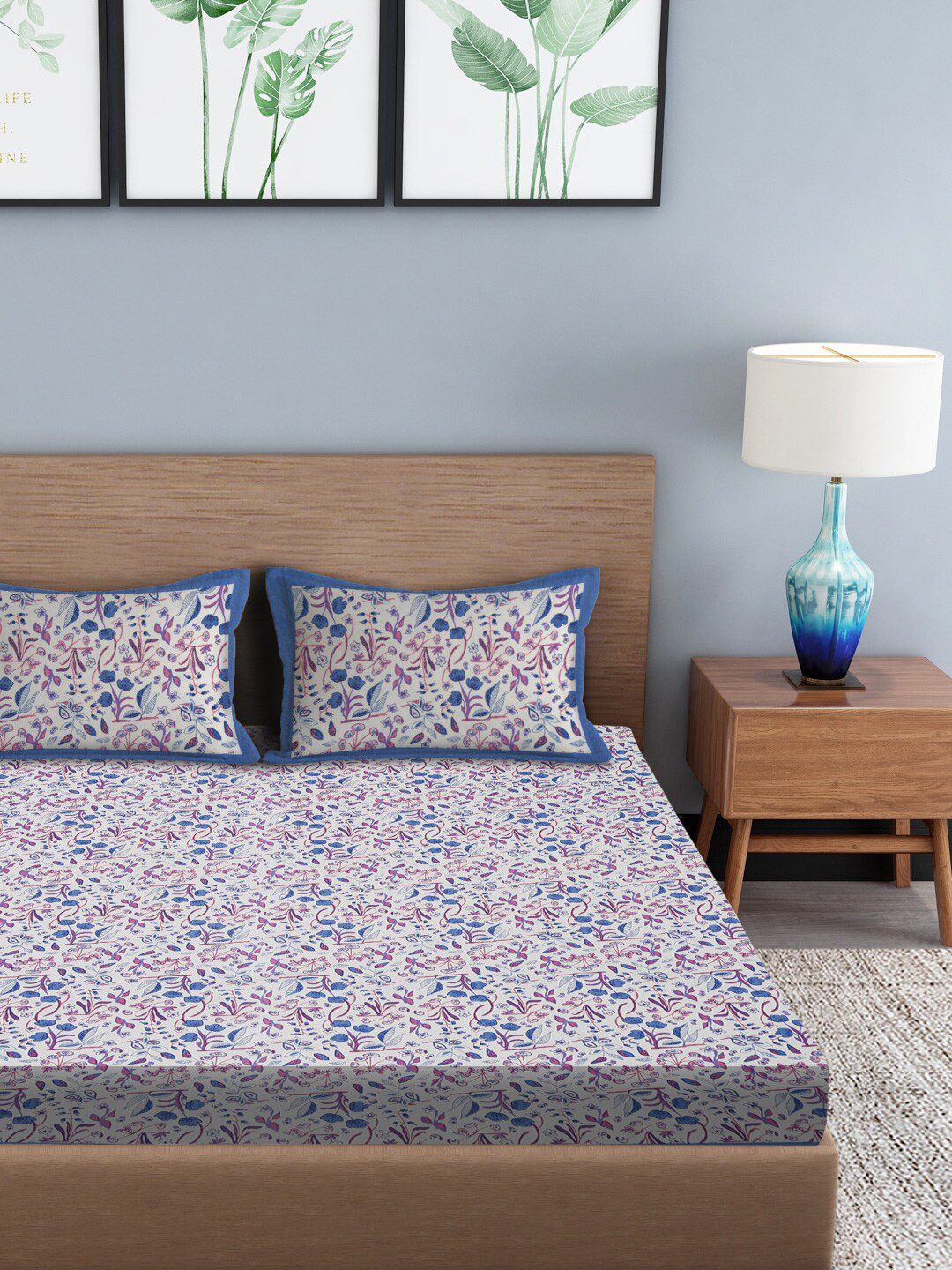 

Gulaab Jaipur Pink & Blue Floral 210 TC King Bedsheet with 2 Pillow Covers