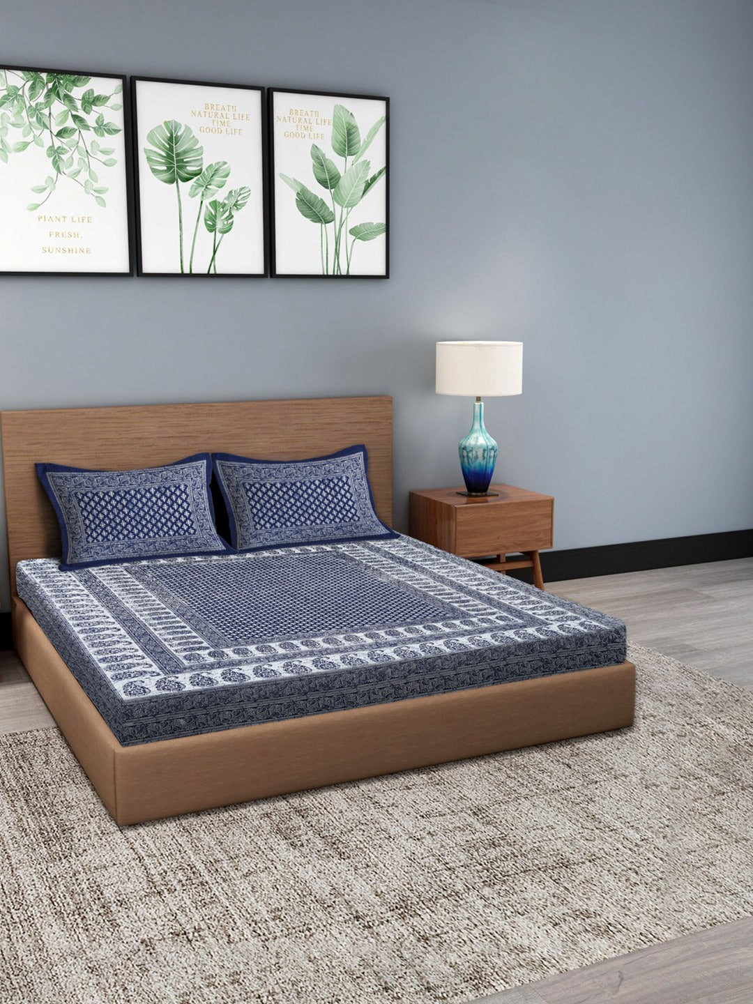 

Gulaab Jaipur Navy Blue Indigo Hand Block Printed 350 TC King Bedsheet with 2 Pillow Cover