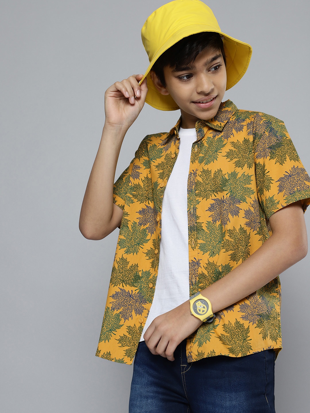 

HERE&NOW Boys Yellow Floral Printed Cotton Casual Shirt