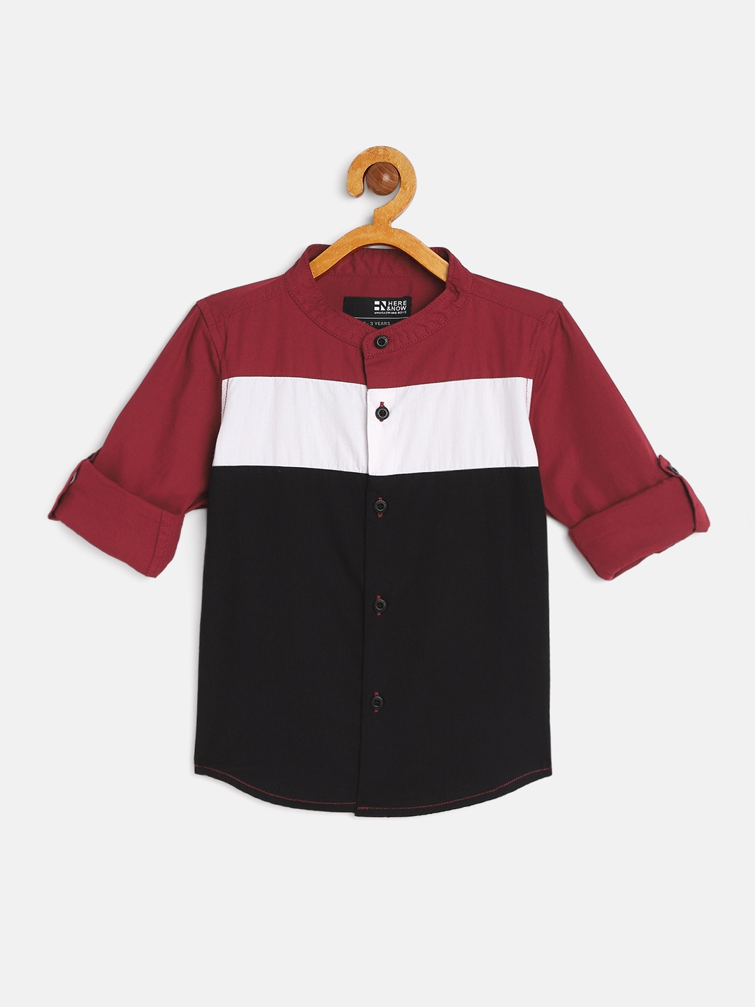 

HERE&NOW Boys Black & Maroon Cotton Colourblocked Casual Shirt