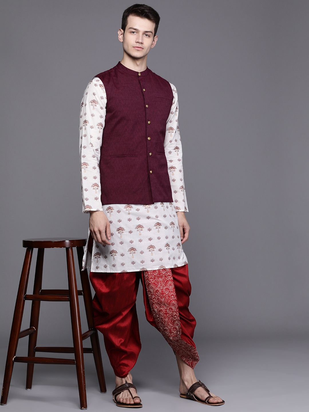 

Manyavar Men Maroon Embroidered Detail Dhoti Pants