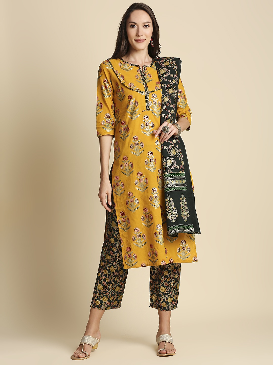 

Anubhutee Women Mustard Yellow Floral Printed Layered Pure Cotton Kurta with Trousers & With Dupatta