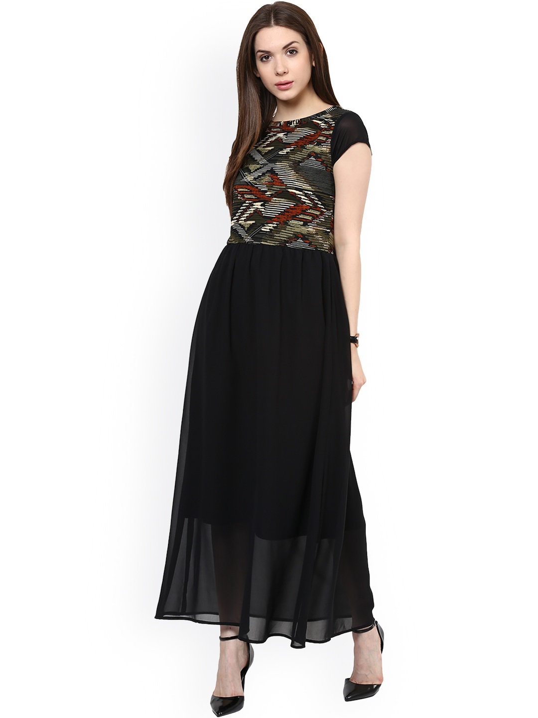 

Zima Leto Women Black Printed Georgette Maxi Dress