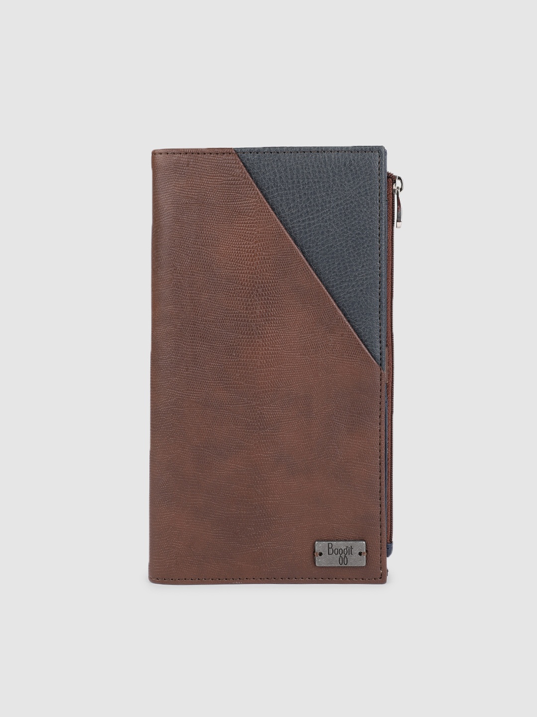 

Baggit Men Brown & Navy Blue Animal Textured Colourblocked Two Fold Wallet