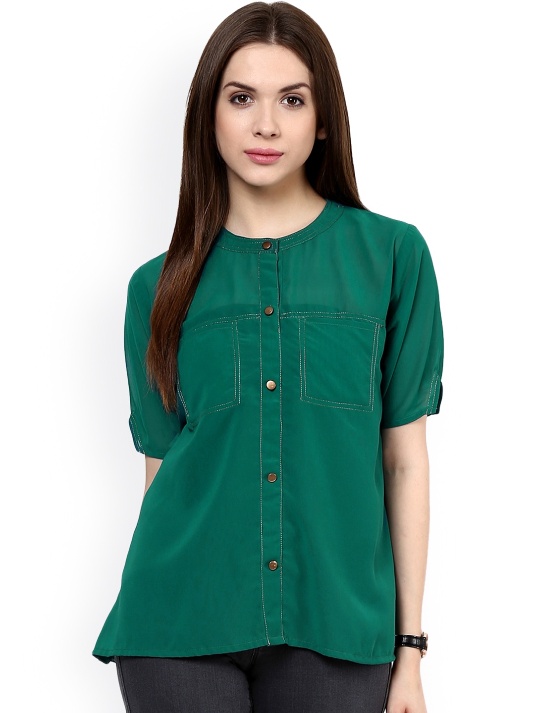

Zima Leto Women Green Solid Georgette Shirt-Style Top