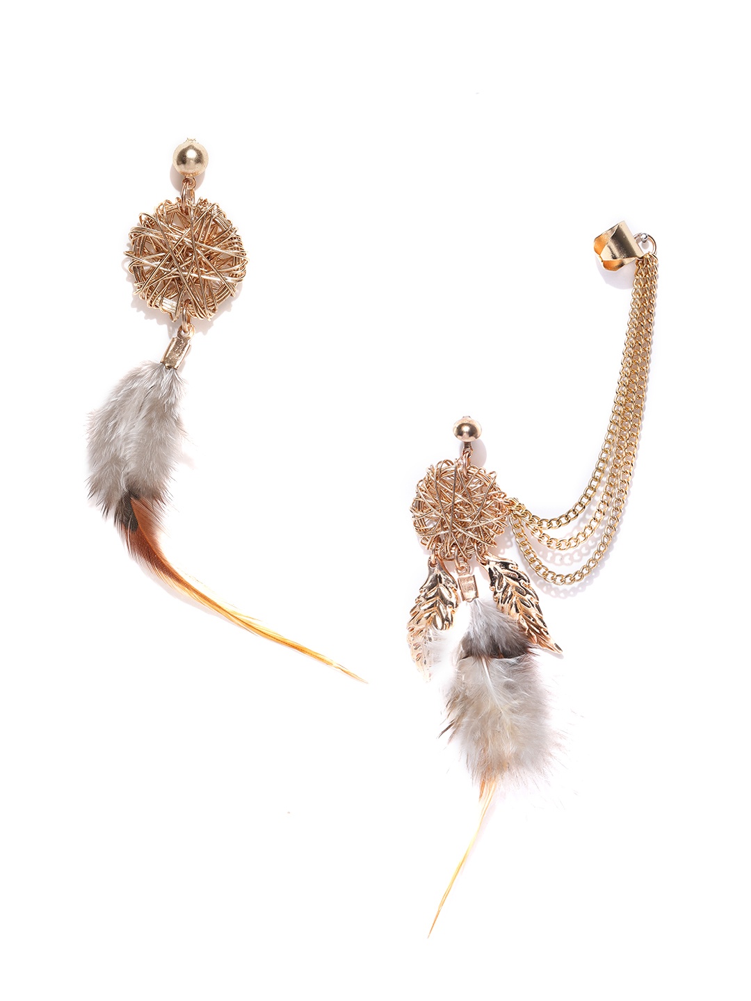 

Blueberry Gold-Toned Mismatched Dreamcatcher Feather Drop Earrings