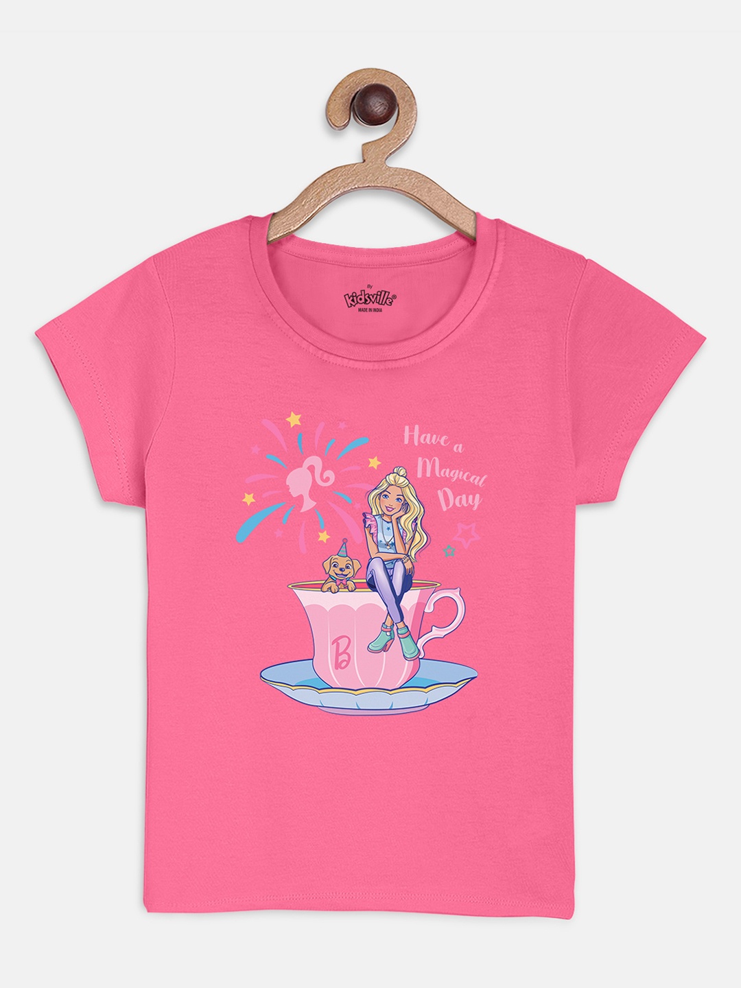 

Kids Ville Girls Pink Cotton Barbie Printed Cotton Pure Cotton T-shirt