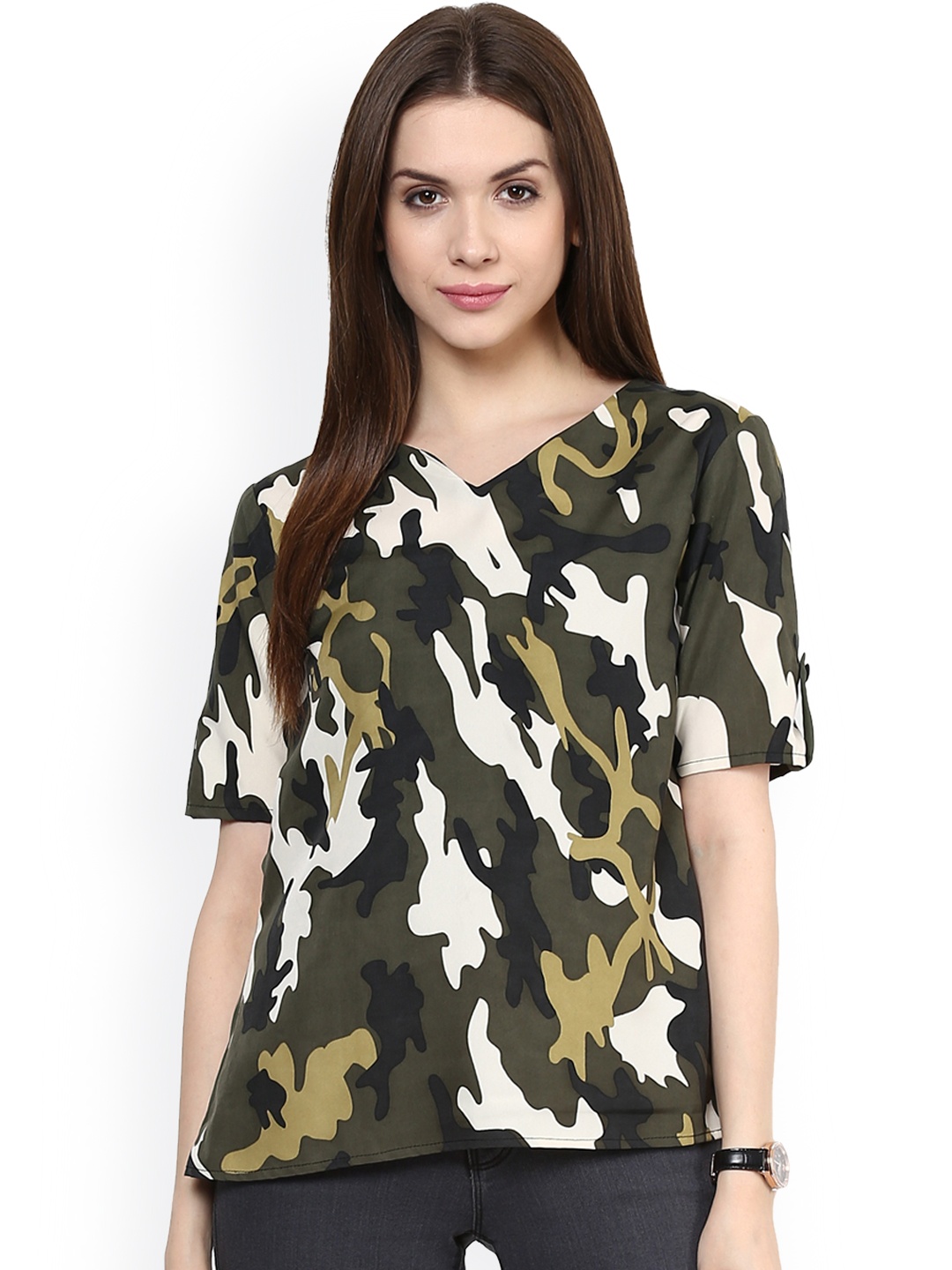 Zima Leto Women Olive Green Printed Crepe Top