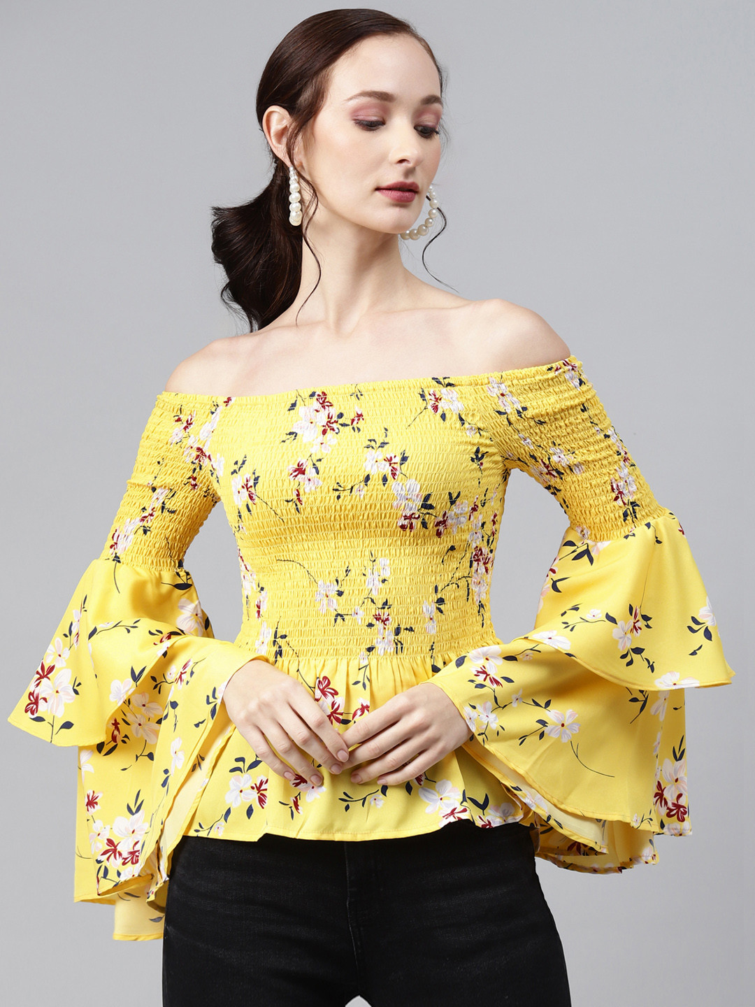 

ATRAENTA Yellow & White Floral Off-Shoulder Bell Sleeve Crepe Bardot Top