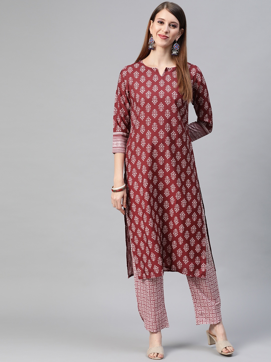 

AHIKA Women Maroon & White Ethnic Motifs Printed Kurta with Trousers