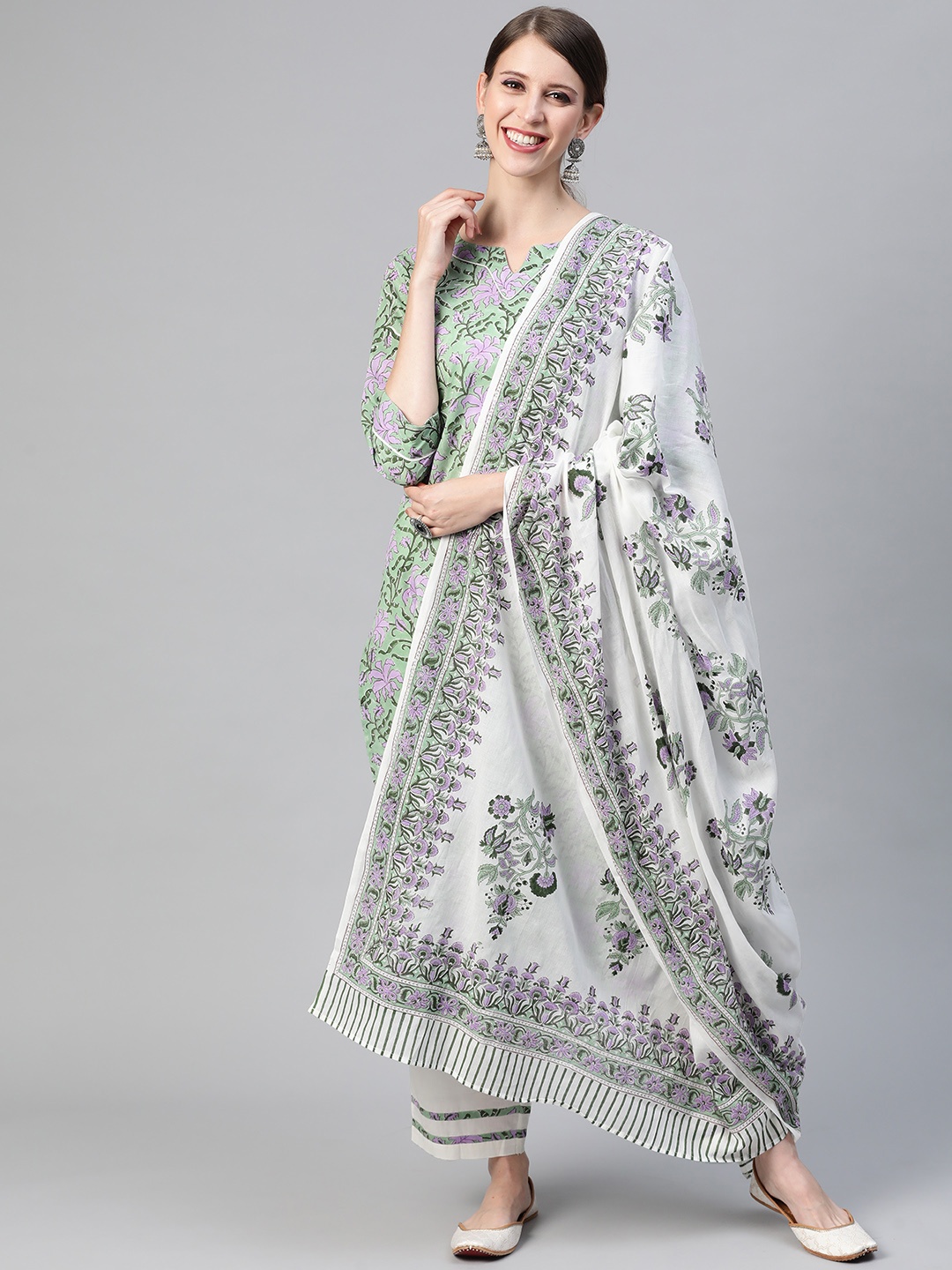 

AHIKA Women Green Ethnic Motifs Printed Pure Cotton Kurta with Palazzos & With Dupatta
