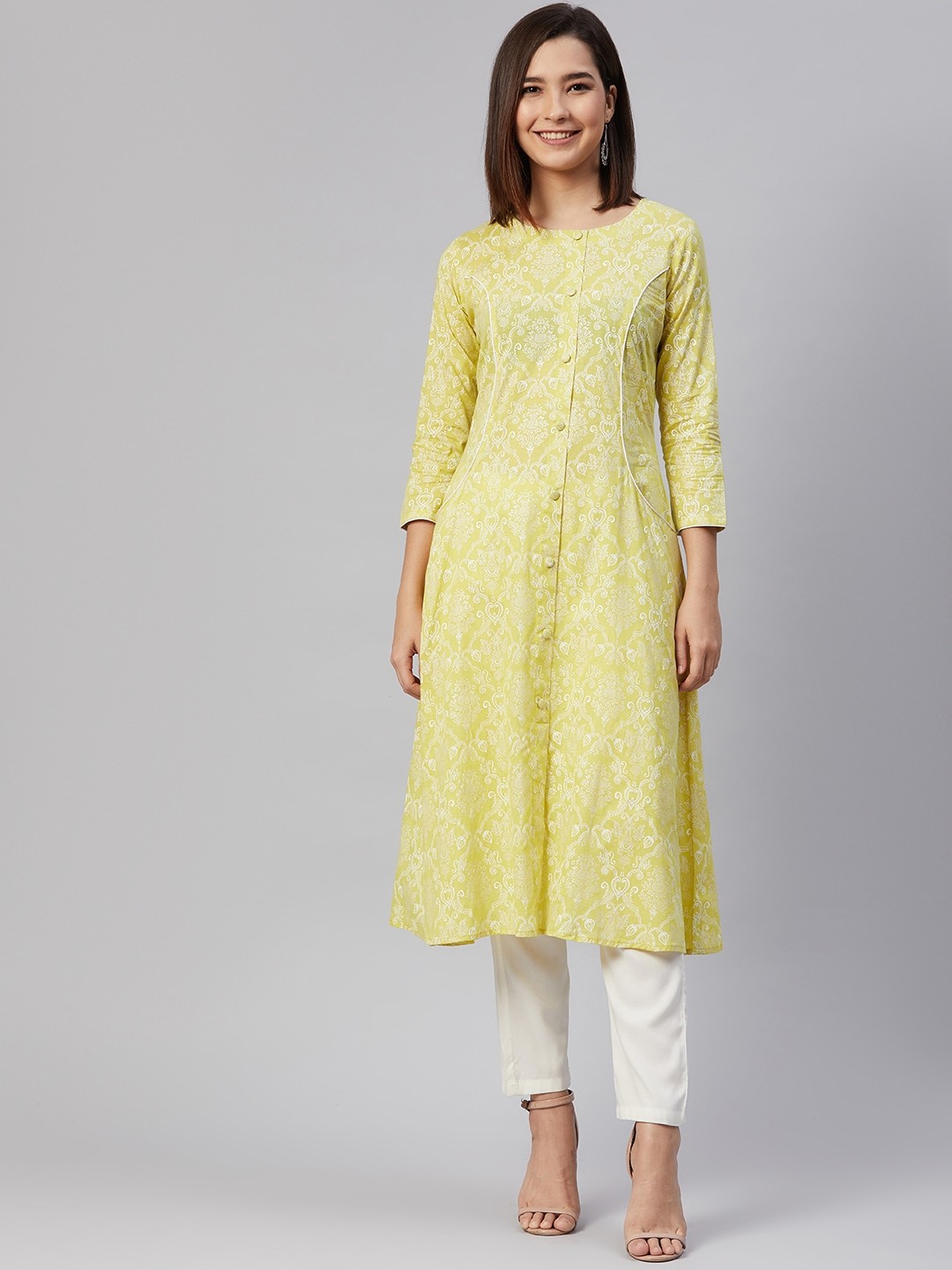 

AHIKA Women Lime Green & White Ethnic Motifs Print Pure Cotton A-line Kurta