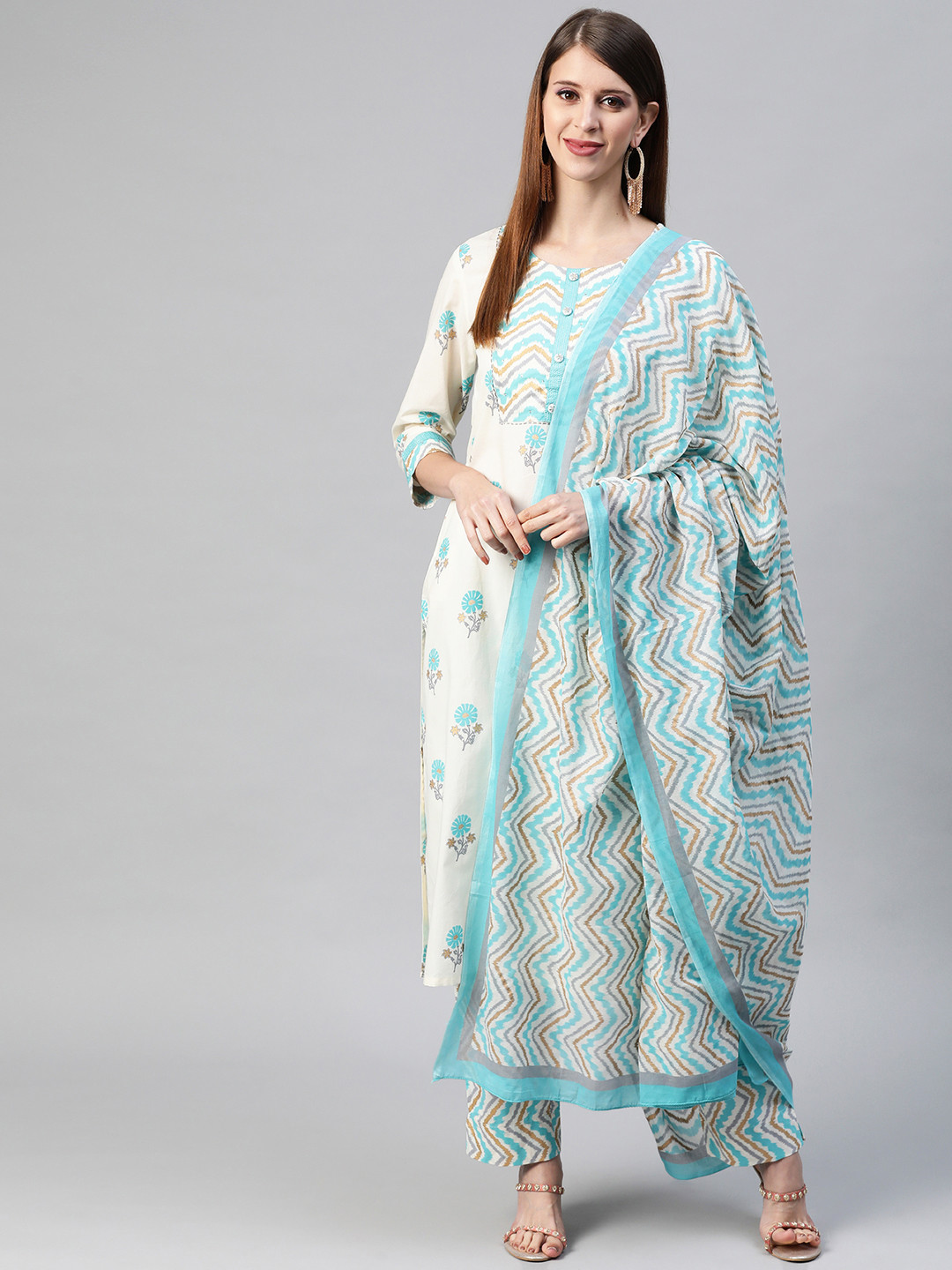 

AHIKA Women Off White Ethnic Motifs Printed Pure Cotton Kurta with Trousers & Dupatta
