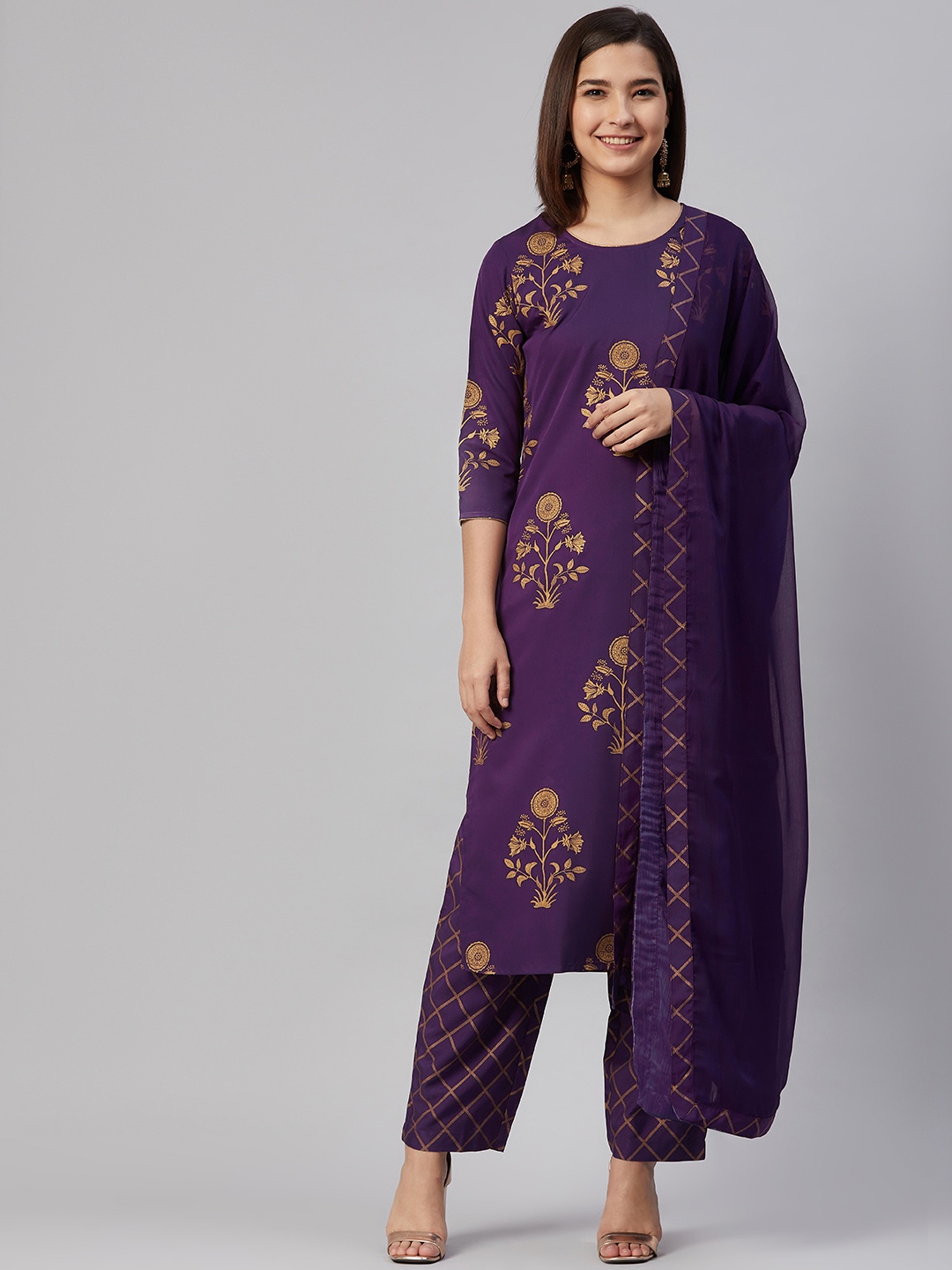 

AHIKA Women Purple & Golden Ethnic Motifs Printed Kurta with Trousers & Dupatta