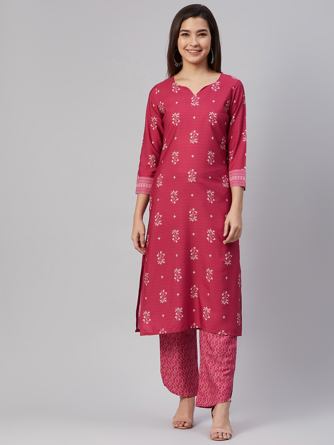 

AHIKA Women Pink & Beige Ethnic Motifs Printed Kurta with Trousers