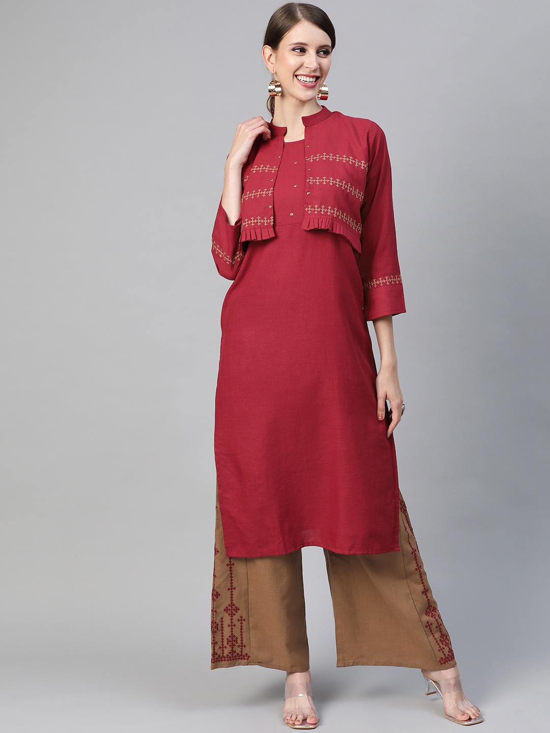 

AHIKA Women Maroon & Brown Ethnic Motifs Embroidered Kurta with Palazzos